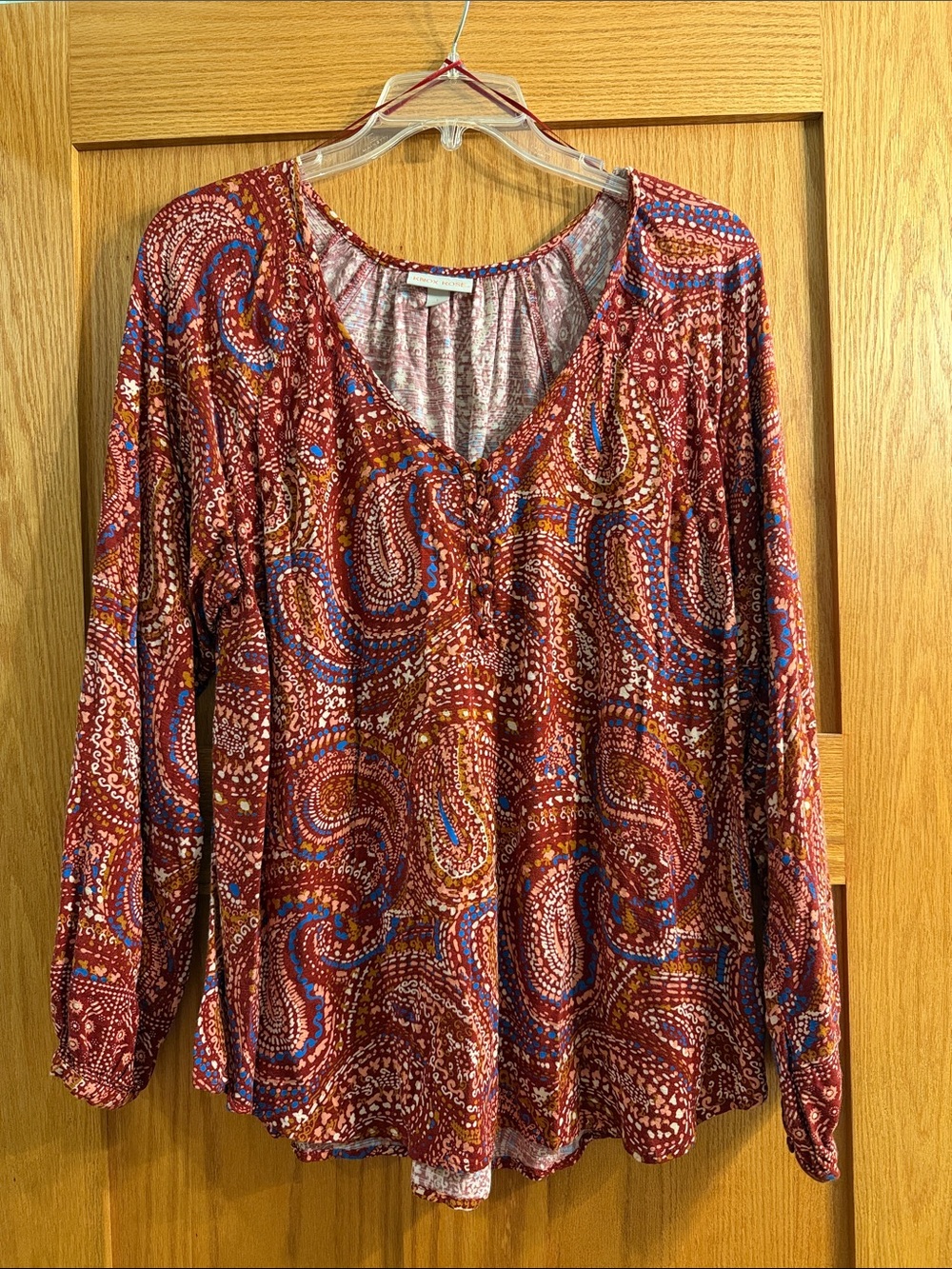 Knox Rose Red Paisley V-Neck Long Sleeve Top with Multicolor Accents